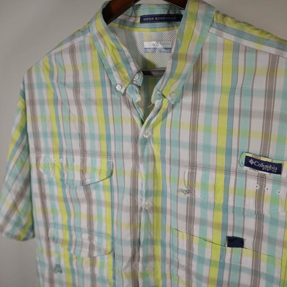 Columbia PFG Super Bonehead Plaid Fishing Shirt Mens 2XL Green Teal Boating